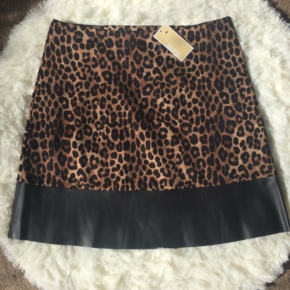 Michael Kors Dresses & Skirts - NWT Leopard Print Skirt Faux Vegan Leather Accent
